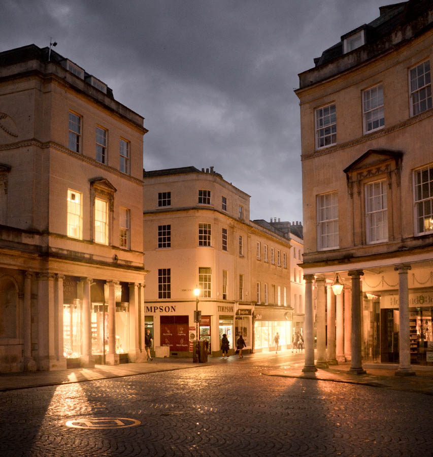 Evening view of Stall Street in Bath, England