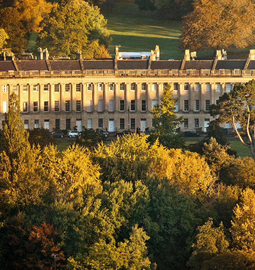 Elevated view of The Royal Crescent, Bath, England